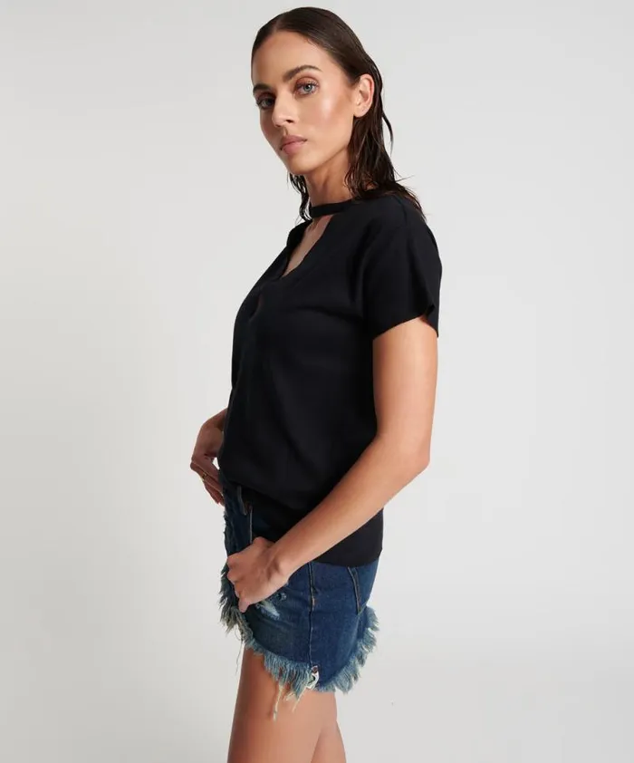 Women BLACK DEEP V CUT OUT TEE One Teaspoon Tees and Tanks Women BLACK DEEP V CUT OUT TEE One Teaspoon Tees and Tanks