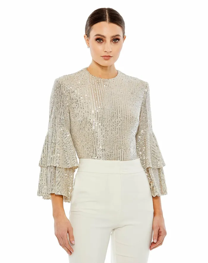 Women Blouses and Tops Mac Duggal Ruffle 34 Sleeve Sequin Bodysuit 8211 FINAL SALE Nude Women Blouses and Tops Mac Duggal Ruffle 34 Sleeve Sequin Bodysuit 8211 FINAL SALE Nude
