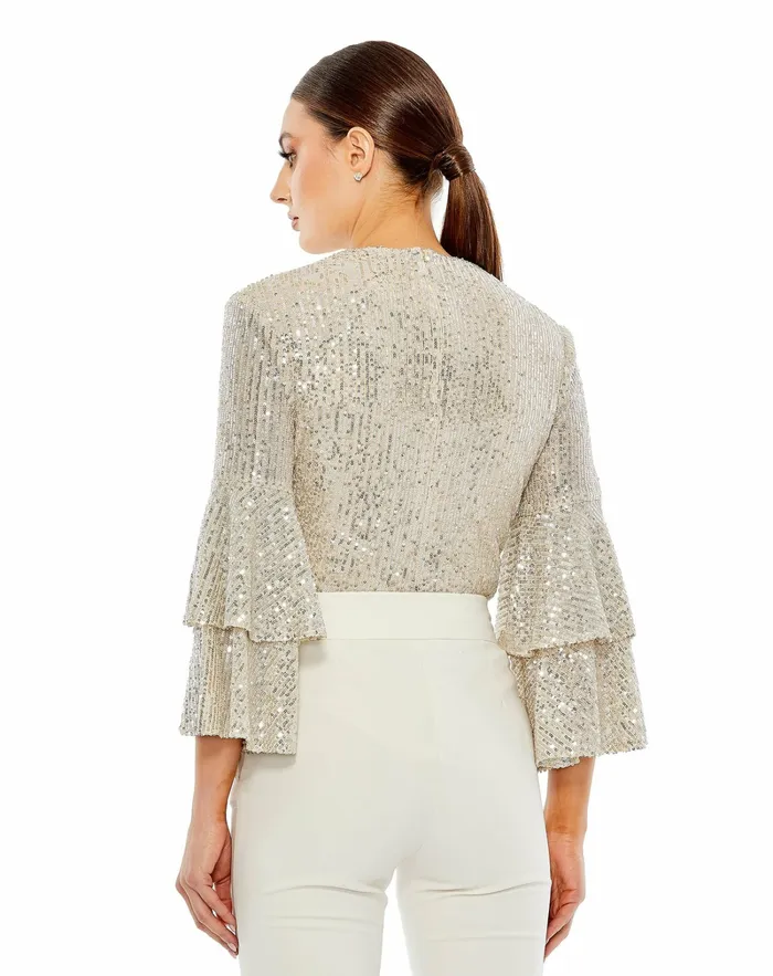 Women Blouses and Tops Mac Duggal Ruffle 34 Sleeve Sequin Bodysuit 8211 FINAL SALE Nude