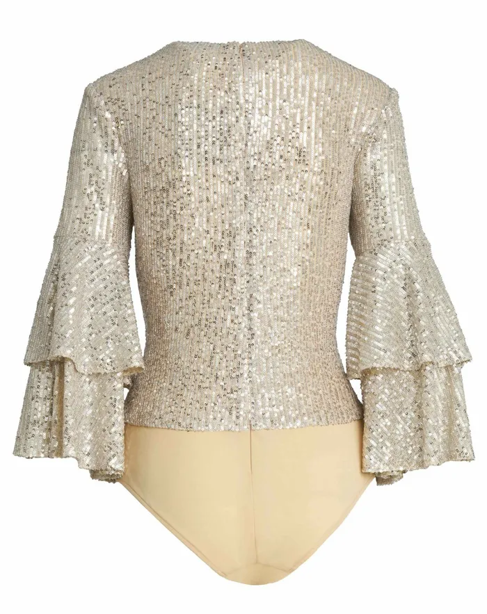 Women Blouses and Tops Mac Duggal Ruffle 34 Sleeve Sequin Bodysuit 8211 FINAL SALE Nude