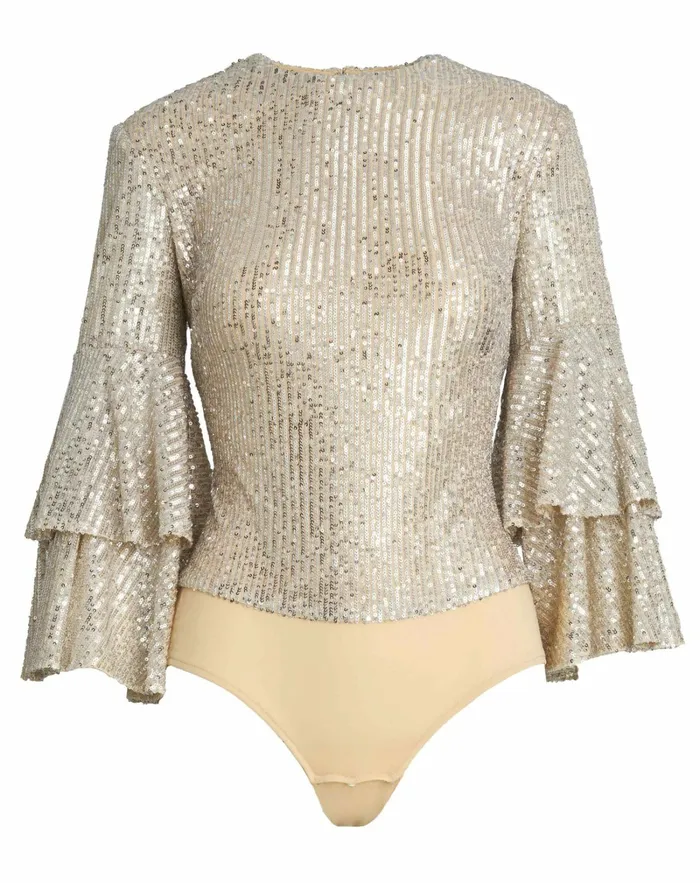 Women Blouses and Tops Mac Duggal Ruffle 34 Sleeve Sequin Bodysuit 8211 FINAL SALE Nude