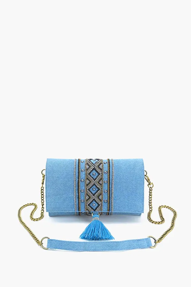Women Boho Chic Beaded Denim Clutch Clutches America and Beyond