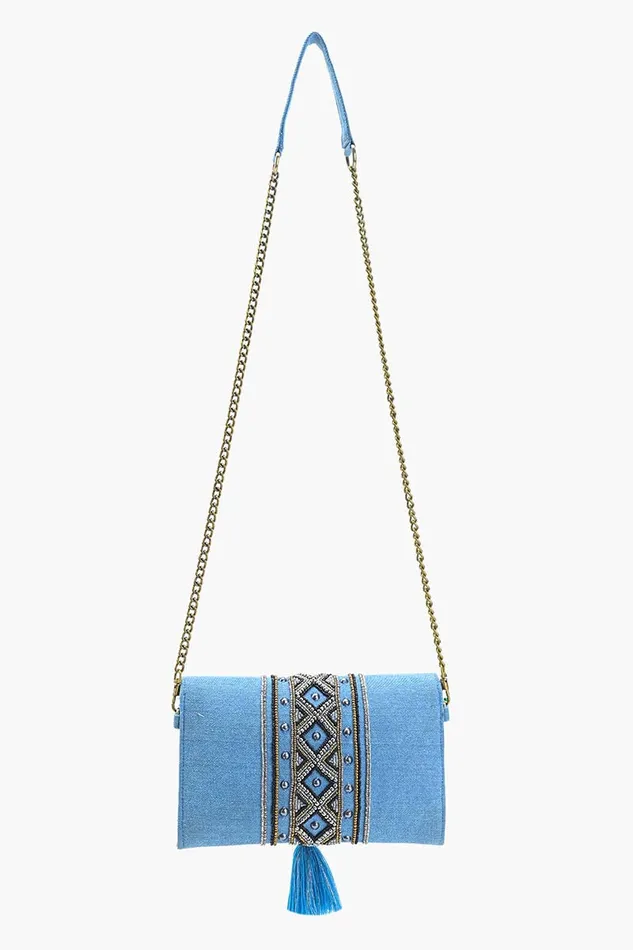 Women Boho Chic Beaded Denim Clutch Clutches America and Beyond