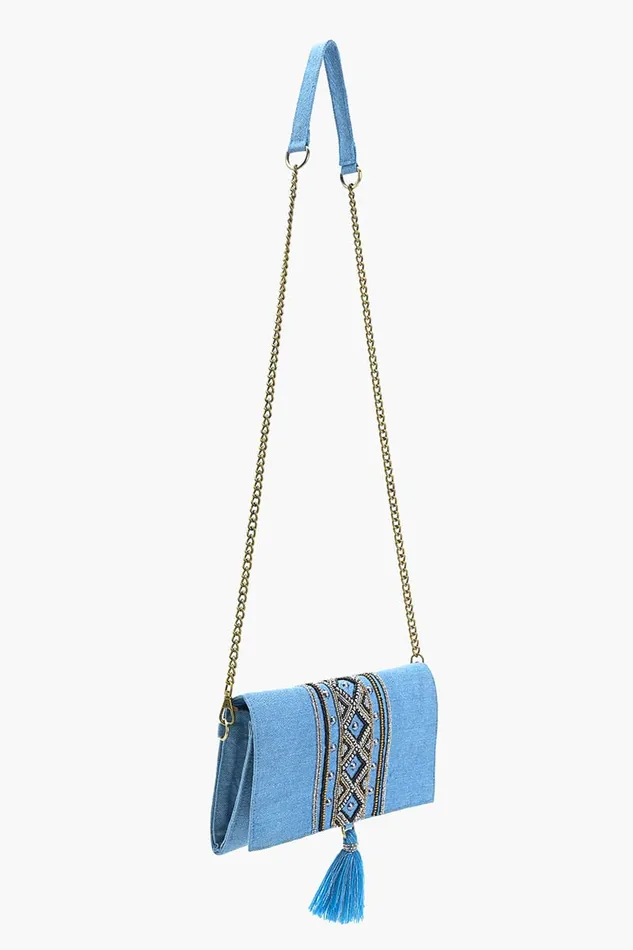 Women Boho Chic Beaded Denim Clutch Clutches America and Beyond