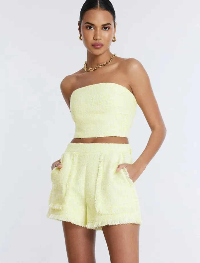 Women Boucle Tweed Short Yellow BCBG Bottoms