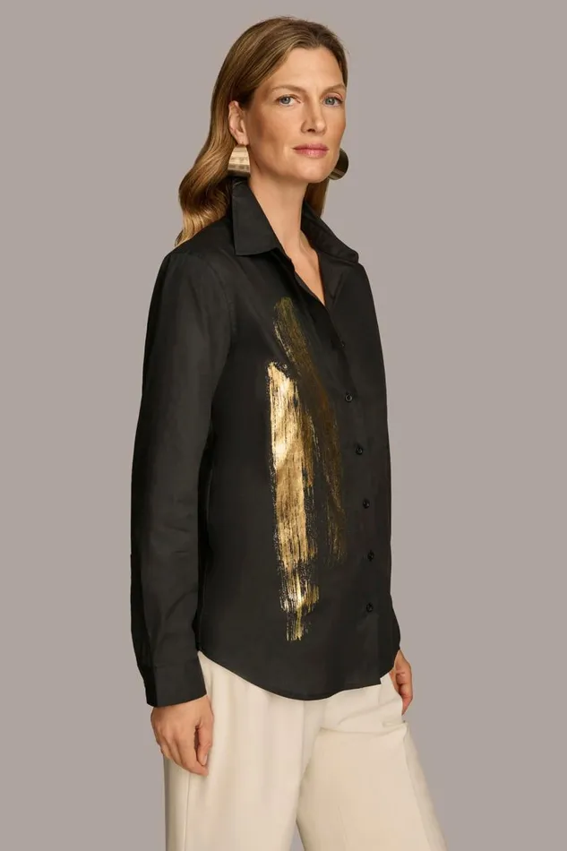 Women BRUSHSTROKE BUTTON DOWN SHIRT Black Donna Karan New York Sweaters And Tops