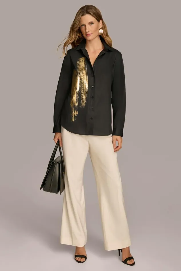 Women BRUSHSTROKE BUTTON DOWN SHIRT Black Donna Karan New York Sweaters And Tops