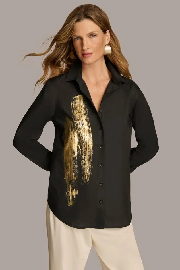 Women BRUSHSTROKE BUTTON DOWN SHIRT Black Donna Karan New York Sweaters And Tops