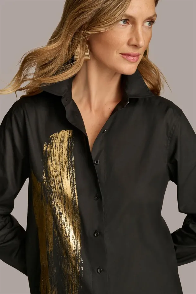 Women BRUSHSTROKE BUTTON DOWN SHIRT Black Donna Karan New York Sweaters And Tops