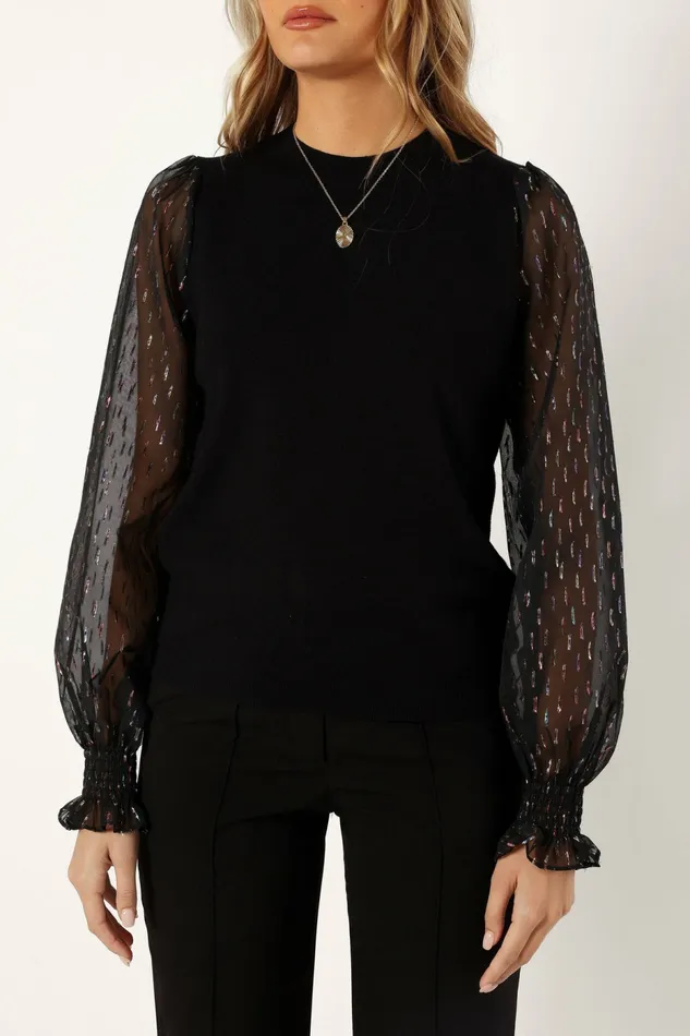 Women Callie Contrast Chiffon Sleeve Knit Sweater Black Sweaters Petal and Pup