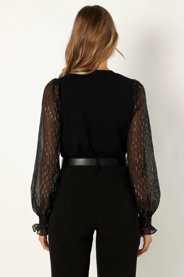 Women Callie Contrast Chiffon Sleeve Knit Sweater Black Sweaters Petal and Pup