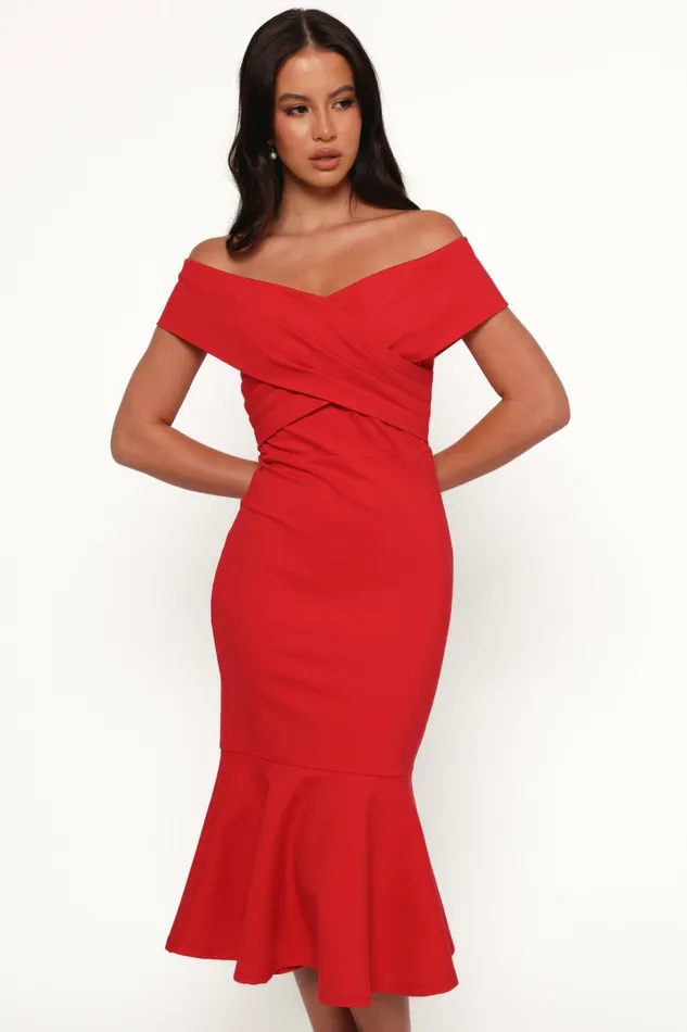 Women Dailene Midi Dress Red Off The Shoulder Dresses Petal and Pup
