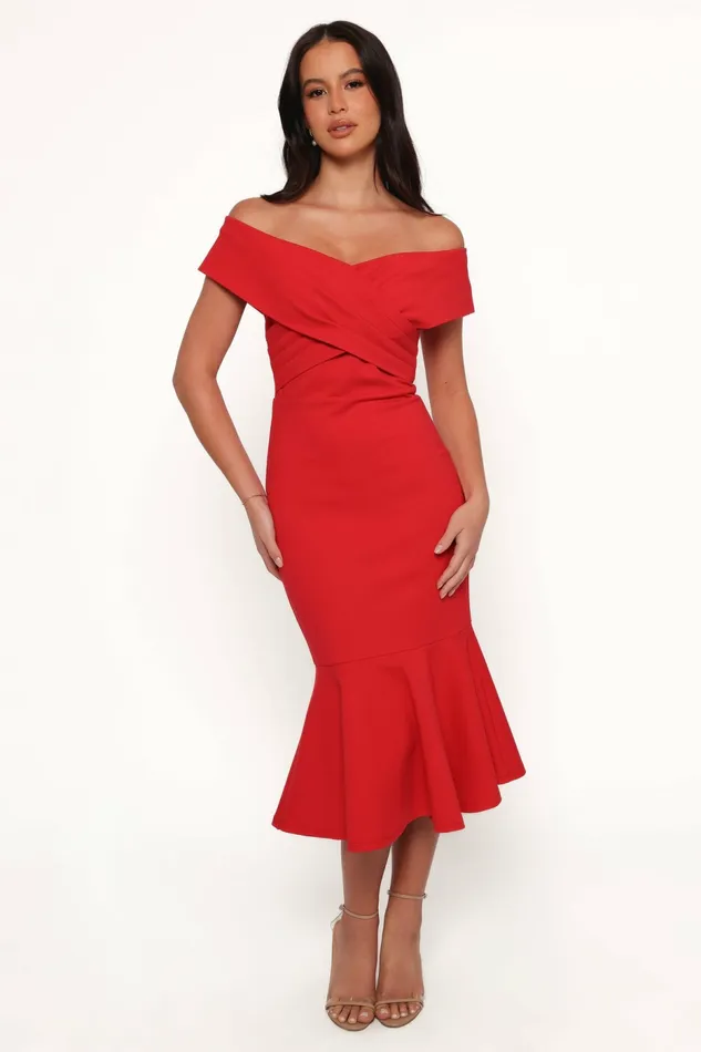 Women Dailene Midi Dress Red Off The Shoulder Dresses Petal and Pup