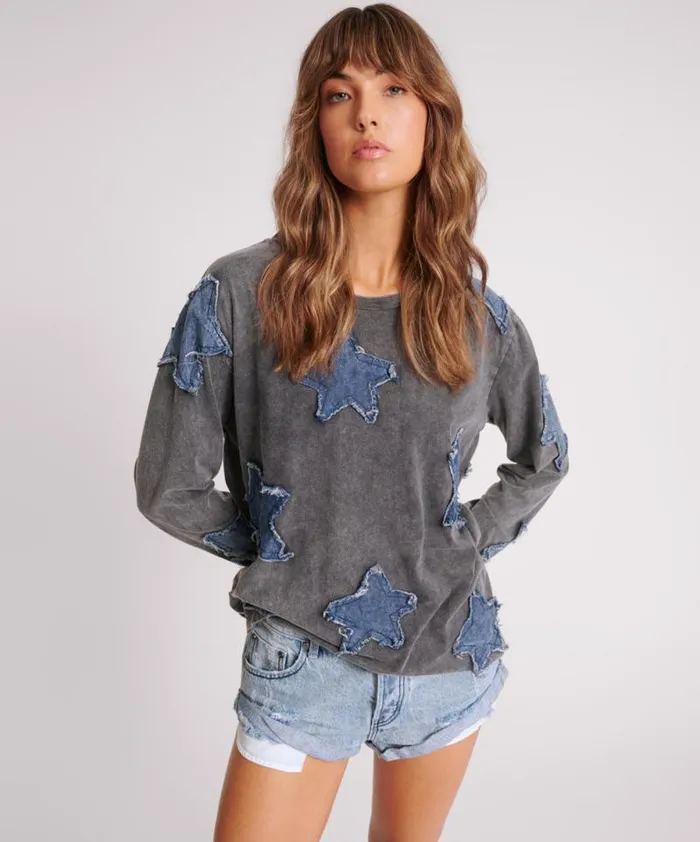 Women DENIM STAR BOYFRIEND LONGSLEEVE TEE One Teaspoon Tees and Tanks