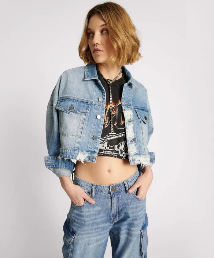 Women EAGLE STUDDED CROPPED DENIM JACKET One Teaspoon Jackets