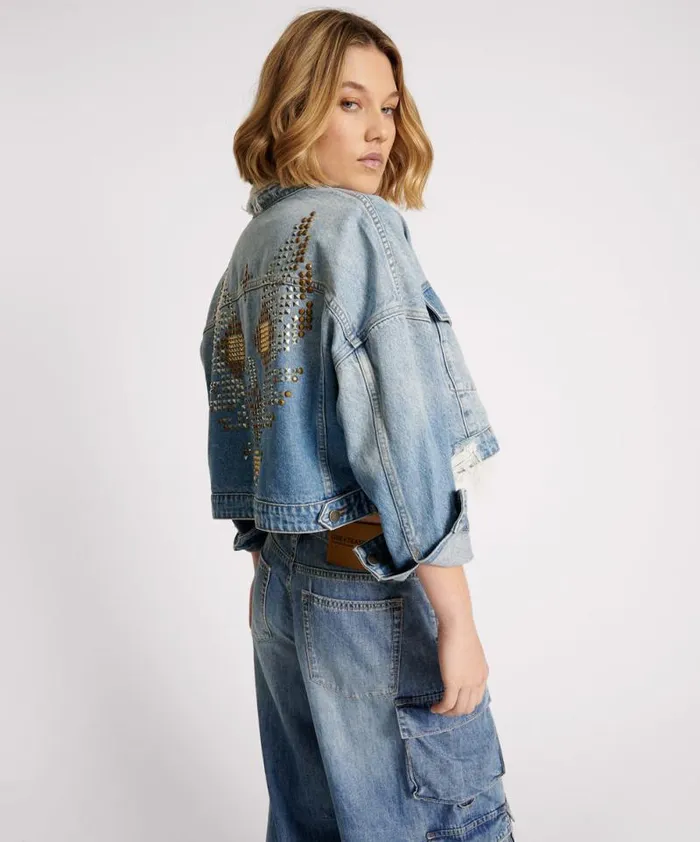 Women EAGLE STUDDED CROPPED DENIM JACKET One Teaspoon Jackets