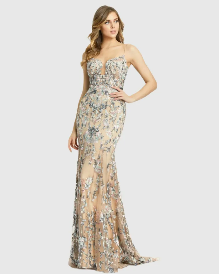 Women Embroidered Spaghetti Strap Trumpet Gown Nude Multi Evening Gowns Mac Duggal Women Embroidered Spaghetti Strap Trumpet Gown Nude Multi Evening Gowns Mac Duggal