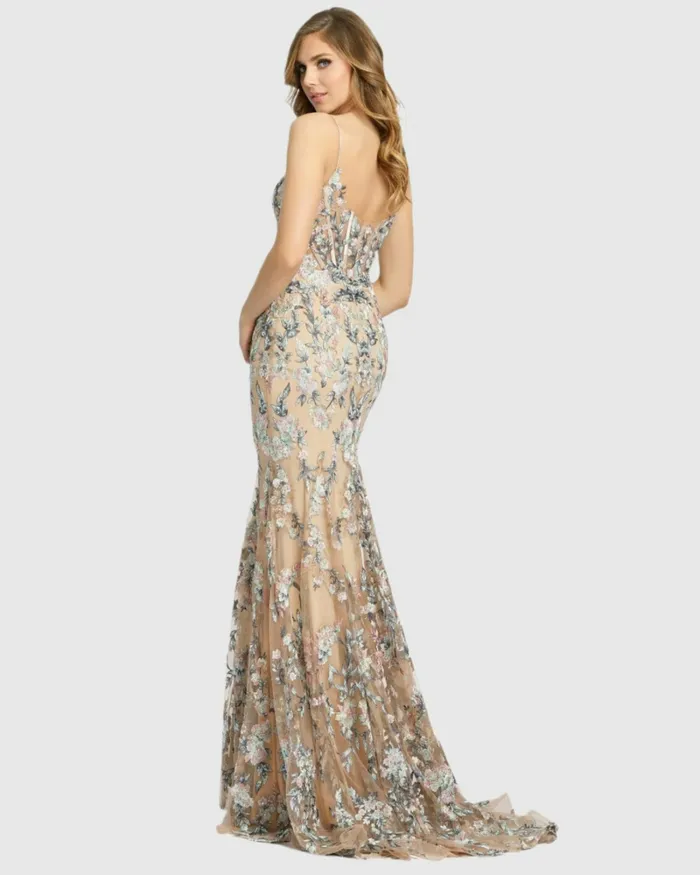 Women Embroidered Spaghetti Strap Trumpet Gown Nude Multi Evening Gowns Mac Duggal Women Embroidered Spaghetti Strap Trumpet Gown Nude Multi Evening Gowns Mac Duggal