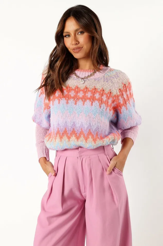 Women Emerson Fairisle Knit Sweater Coral Blue Sweaters Petal and Pup
