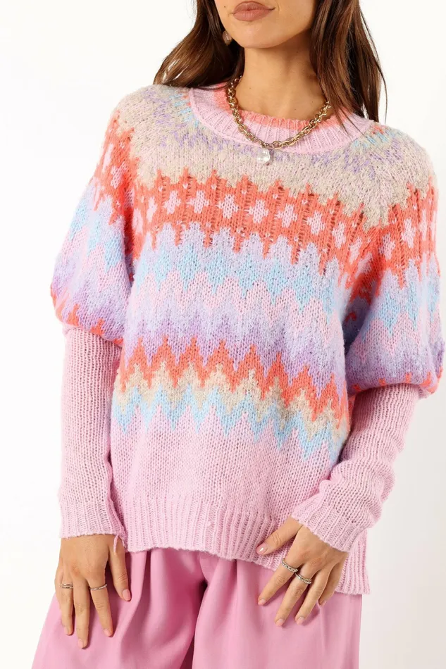 Women Emerson Fairisle Knit Sweater Coral Blue Sweaters Petal and Pup