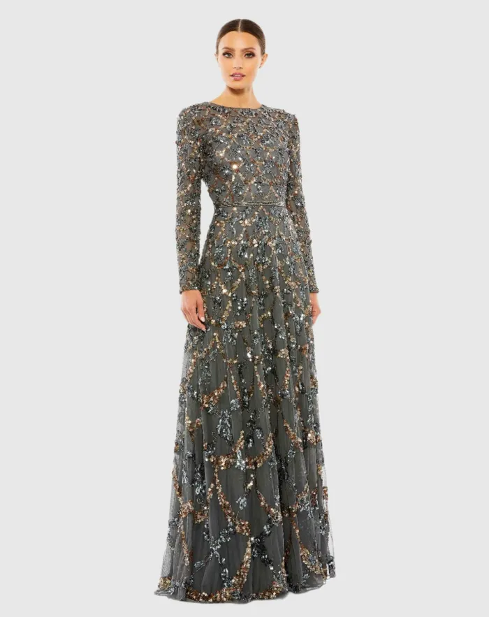 Women Evening Gowns Mac Duggal Gray Embellished Illusion High Neck Long Sleeve A Line Gown Charcoal Women Evening Gowns Mac Duggal Gray Embellished Illusion High Neck Long Sleeve A Line Gown Charcoal