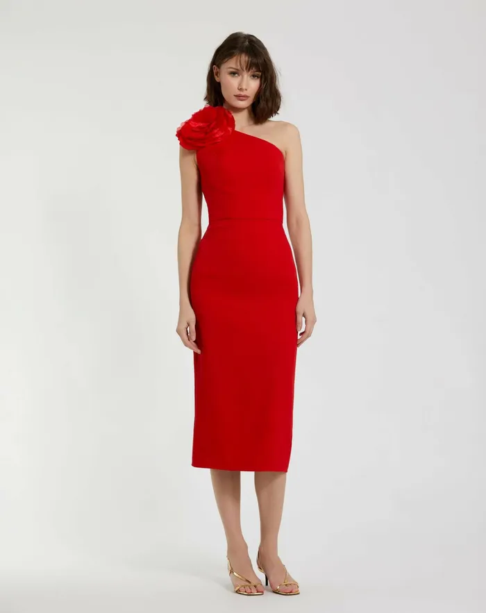 Women Every Day Dresses Mac Duggal Crepe One Shoulder Midi Dress With Flower Cherry Women Every Day Dresses Mac Duggal Crepe One Shoulder Midi Dress With Flower Cherry