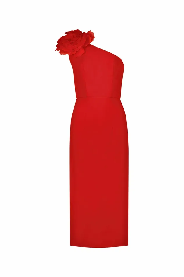 Women Every Day Dresses Mac Duggal Crepe One Shoulder Midi Dress With Flower Cherry