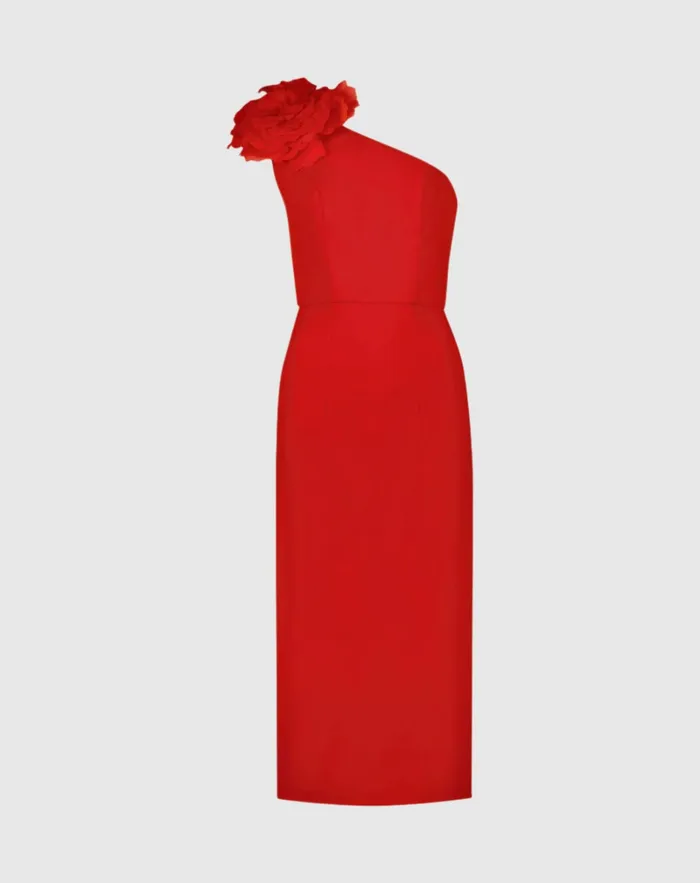 Women Every Day Dresses Mac Duggal Crepe One Shoulder Midi Dress With Flower Cherry