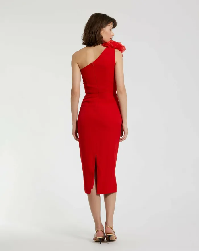 Women Every Day Dresses Mac Duggal Crepe One Shoulder Midi Dress With Flower Cherry