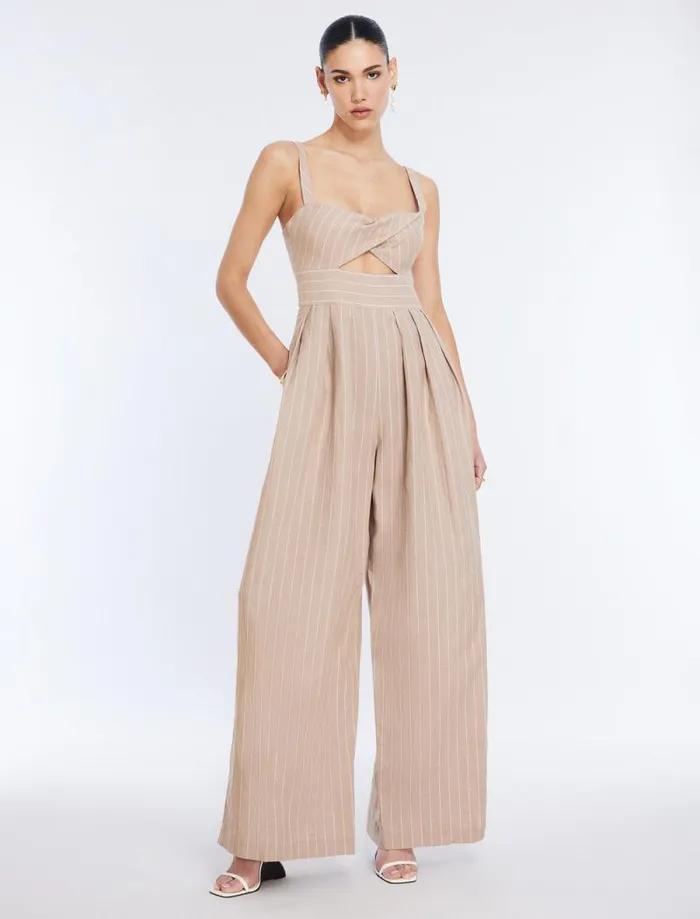 Women Hadie Linen Keyhole Jumpsuit Khakiwhite BCBG Dresses