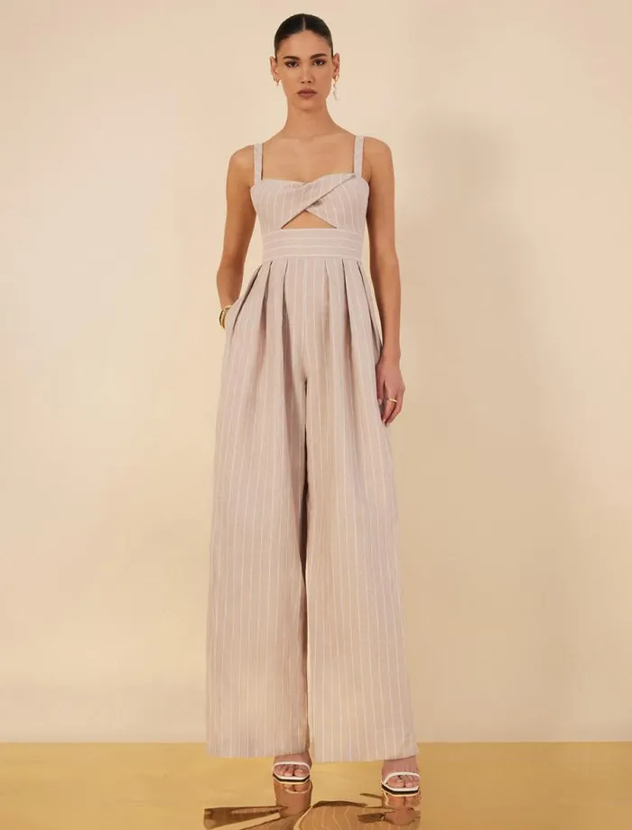 Women Hadie Linen Keyhole Jumpsuit Khakiwhite BCBG Dresses Women Hadie Linen Keyhole Jumpsuit Khakiwhite BCBG Dresses