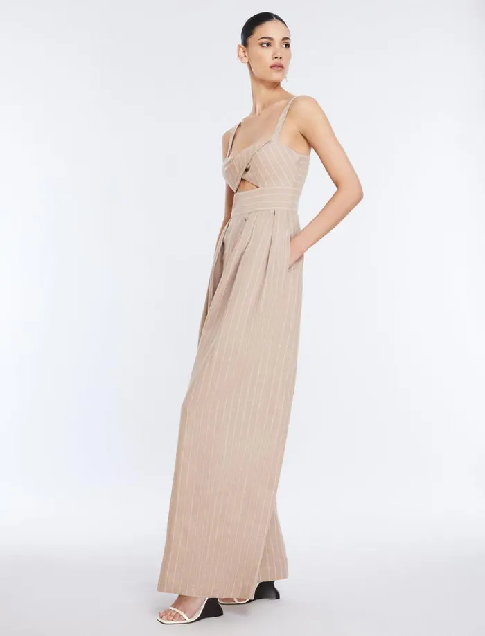 Women Hadie Linen Keyhole Jumpsuit Khakiwhite BCBG Dresses Women Hadie Linen Keyhole Jumpsuit Khakiwhite BCBG Dresses