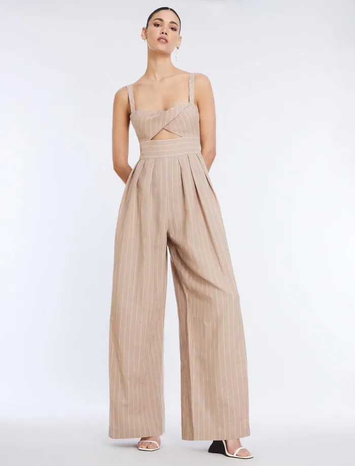 Women Hadie Linen Keyhole Jumpsuit Khakiwhite BCBG Dresses Women Hadie Linen Keyhole Jumpsuit Khakiwhite BCBG Dresses
