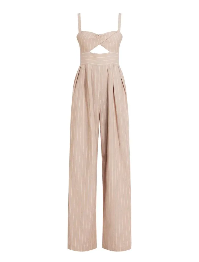Women Hadie Linen Keyhole Jumpsuit Khakiwhite BCBG Dresses Women Hadie Linen Keyhole Jumpsuit Khakiwhite BCBG Dresses