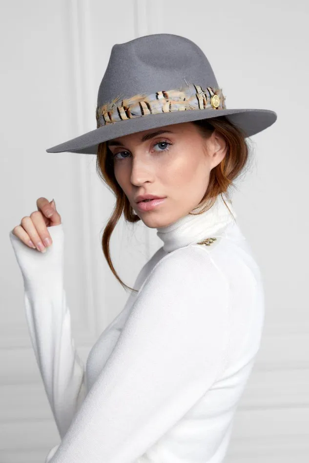 Women Hats and Headbands Holland Cooper Trilby Hat Double Feather Band Light Grey Women Hats and Headbands Holland Cooper Trilby Hat Double Feather Band Light Grey