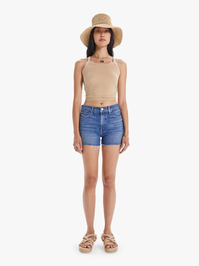 Women High Rise Mother Denim The Dutchie Short Fray Medium Blue