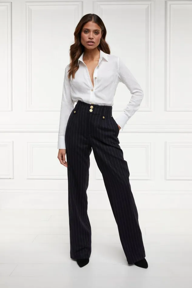 Women In Stock Tailoring Holland Cooper High Waisted Straight Trouser Navy Chalk Pin Stripe