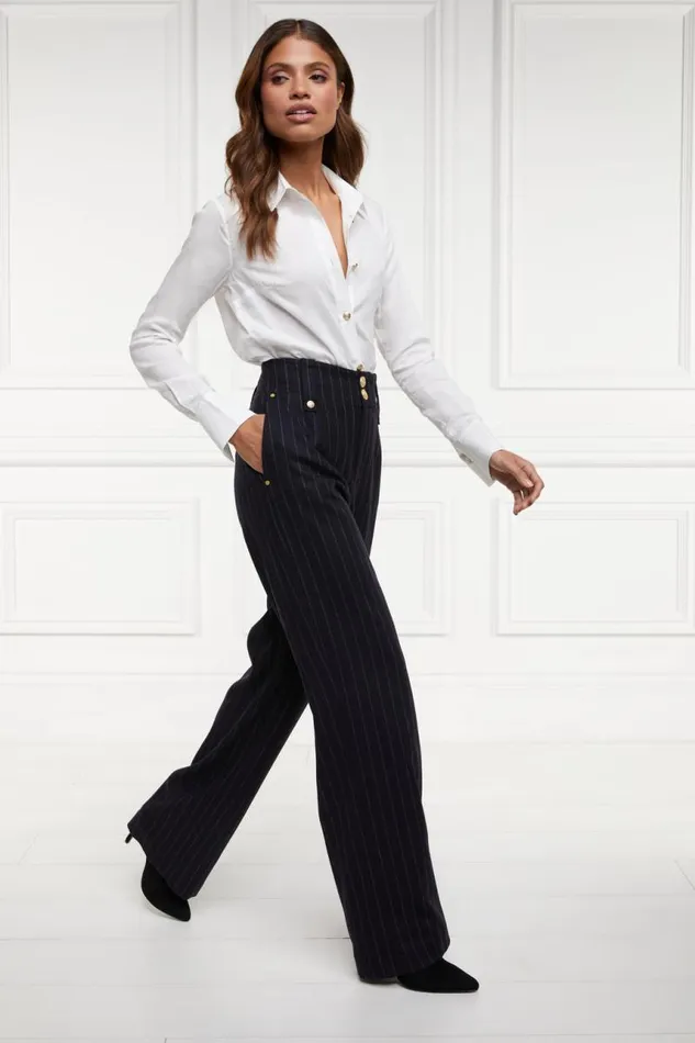 Women In Stock Tailoring Holland Cooper High Waisted Straight Trouser Navy Chalk Pin Stripe Women In Stock Tailoring Holland Cooper High Waisted Straight Trouser Navy Chalk Pin Stripe