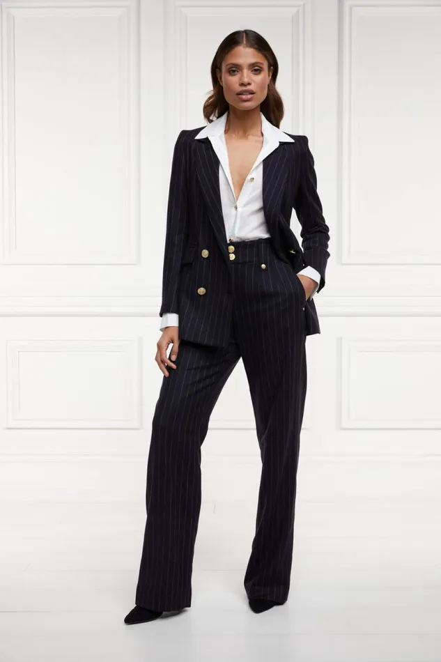 Women In Stock Tailoring Holland Cooper High Waisted Straight Trouser Navy Chalk Pin Stripe Women In Stock Tailoring Holland Cooper High Waisted Straight Trouser Navy Chalk Pin Stripe