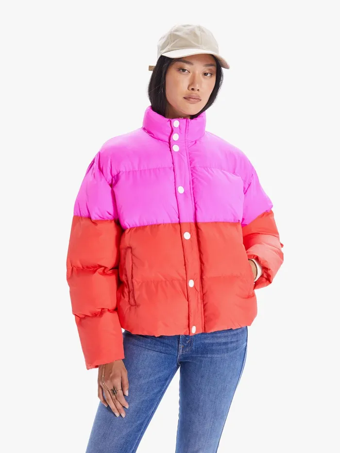 Women Jackets Mother Denim The SetIn Oversized Puffer Bright Red