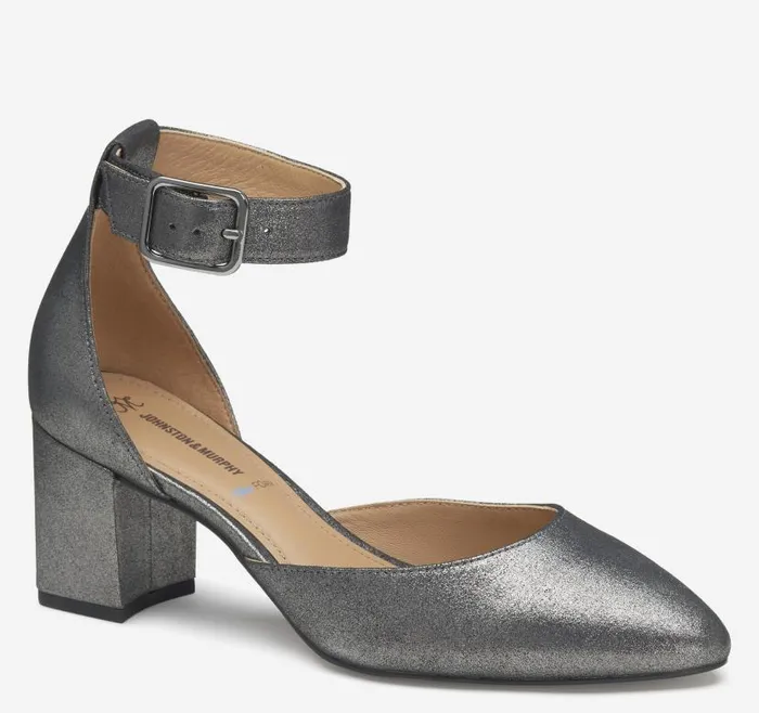 Women Johnston and Murphy Heels and Platform Wedges Vicki Ankle Strap Pewter Metallic Kid Suede