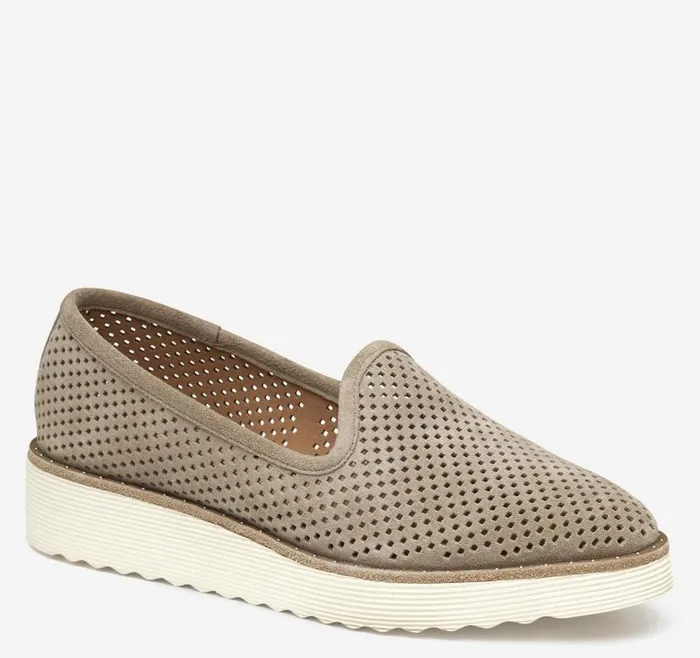 Women Johnston and Murphy Mules and Loafers Mitzi Perfed Venetian Taupe Suede