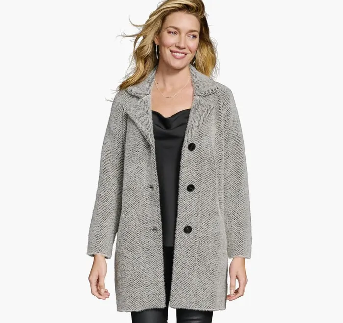 Women Johnston and Murphy Shirts Sweaters and Blazers Herringbone Eyelash Cardigan Blackcream