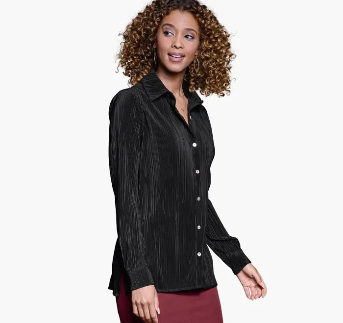 Women Johnston and Murphy Shirts Sweaters and Blazers Pleated ButtonFront Shirt Black