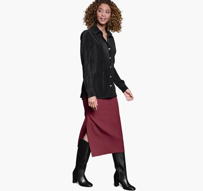 Women Johnston and Murphy Shirts Sweaters and Blazers Pleated ButtonFront Shirt Black