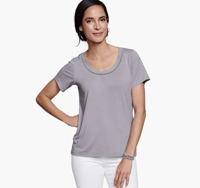 Women Johnston and Murphy Shirts Sweaters and Blazers ShortSleeve Lattice Trim Tee Gray