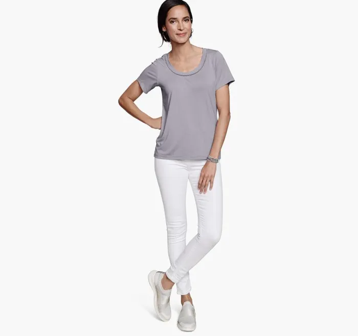 Women Johnston and Murphy Shirts Sweaters and Blazers ShortSleeve Lattice Trim Tee Gray