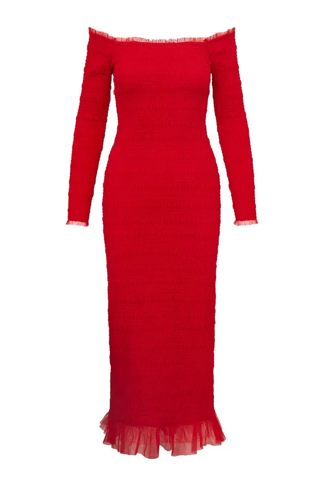 WomenKids LoveShackFancy Dresses Avelle Smocked Tulle Midi Dress Crimson Red