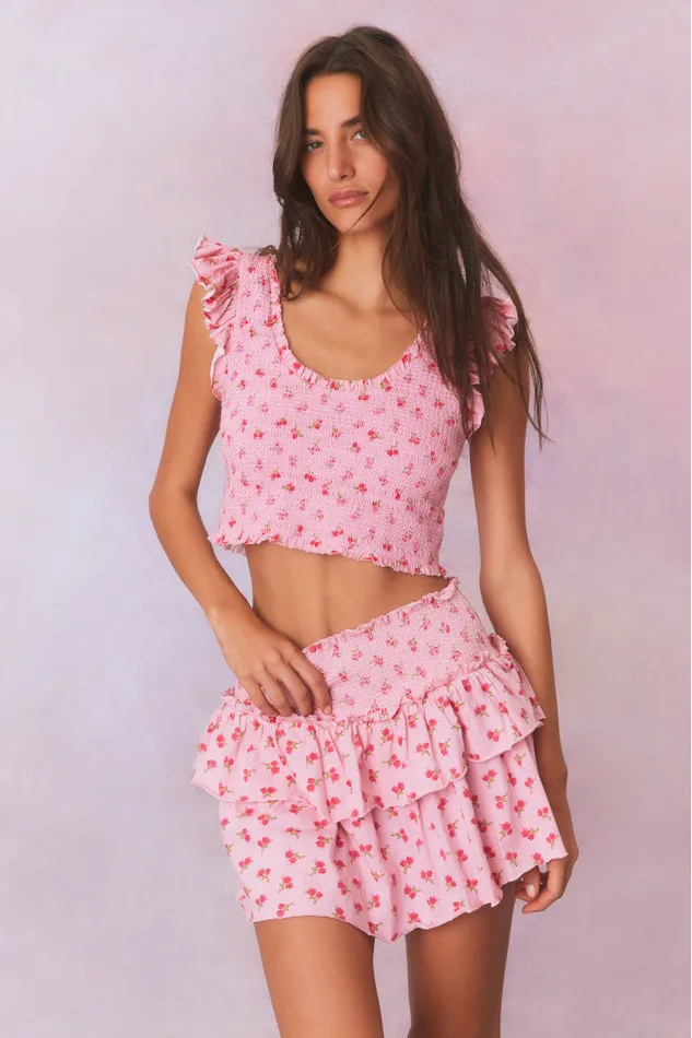 WomenKids LoveShackFancy Skirts Ohana Printed Smocked Mini Skirt Cherry Pink