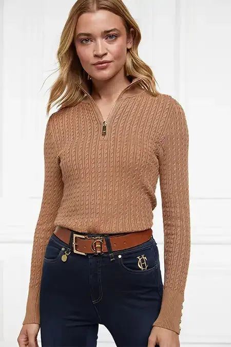 Women Knitwear Holland Cooper Ava Half Zip Knit Dark Camel Marl Women Knitwear Holland Cooper Ava Half Zip Knit Dark Camel Marl